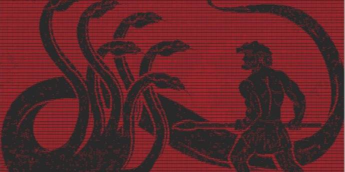 red background with a black digital drawing of a warrior with a spear facing a hydra