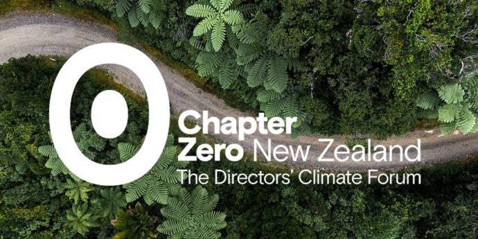 Chapter Zero logo on an aerial photo of a road winding through a fern forest 