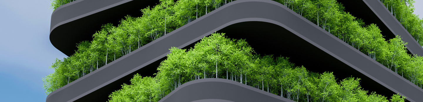 A tall building topped with lush green trees, blending nature with urban architecture.