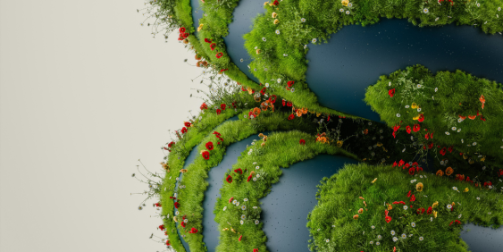 A vibrant green globe featuring blooming flowers and grass, representing a flourishing and healthy planet.