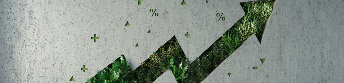 A textured wall features a green zigzag arrow symbolizing growth, with surrounding geometric shapes and percentage signs, suggesting trends.