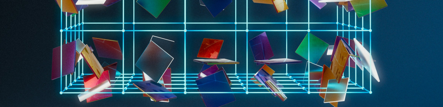 A vibrant 3D grid structure with glowing blue lines holds floating, colorful geometric shapes. The scene has a futuristic, dynamic feel.