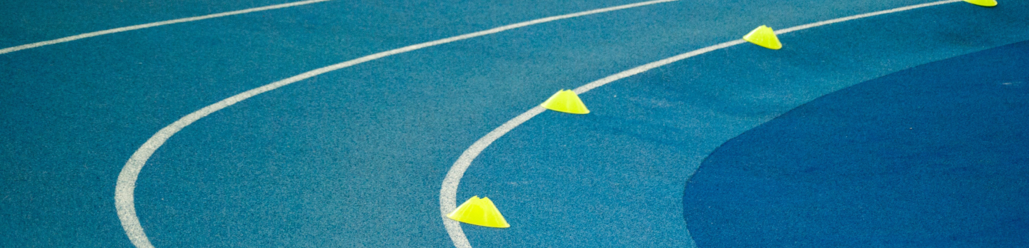 A view of a track lined with yellow cones, marking specific areas for training or competition purposes.