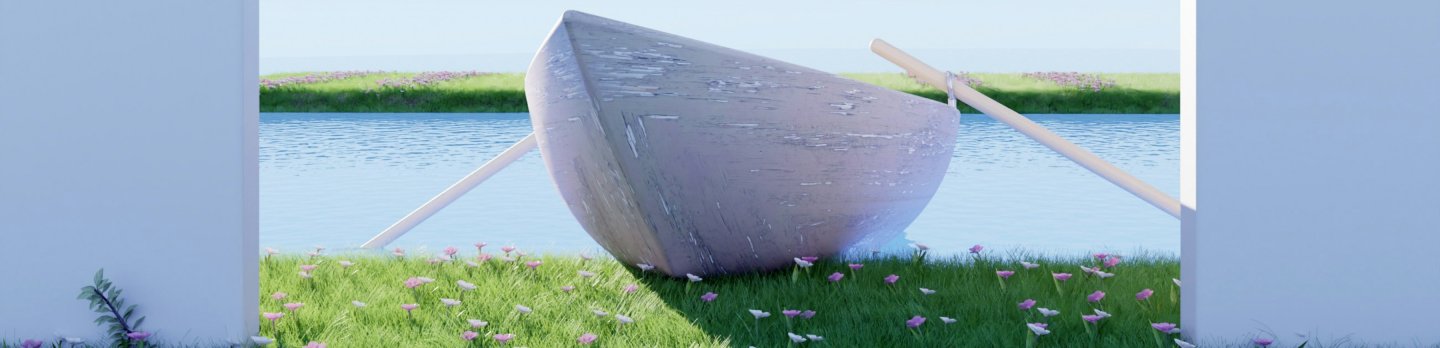 A boat is positioned in the grass next to a river, blending with the lush landscape and calm waters.