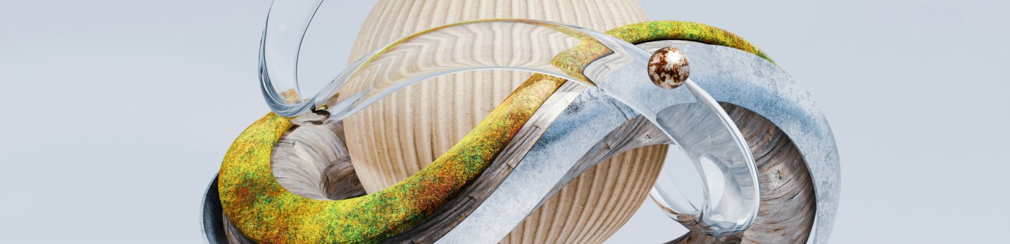 Abstract 3D sculpture featuring intertwined metallic and glass-like loops, adorned with mossy textures, surrounding a wooden textured sphere.