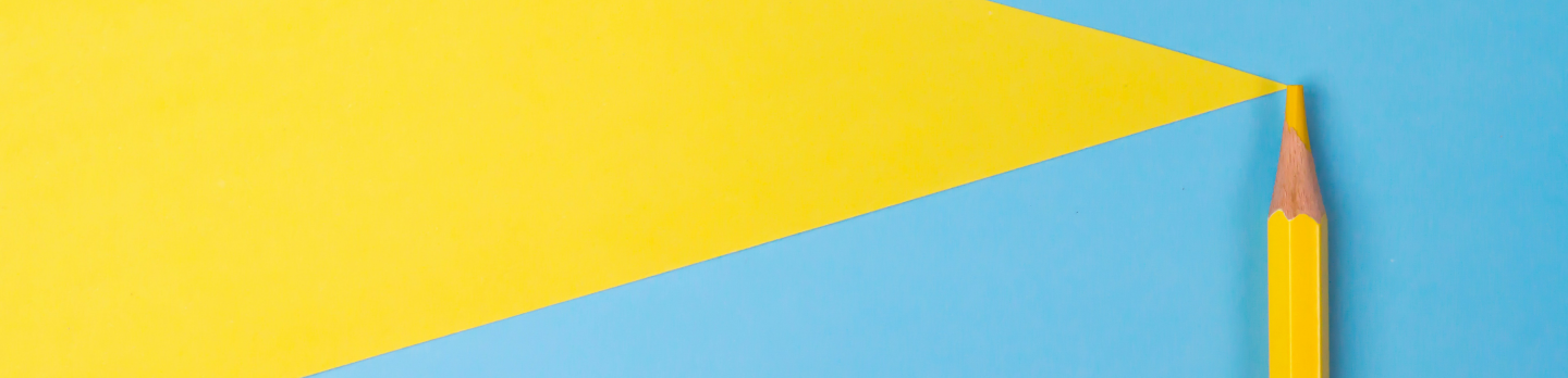 Bright yellow pencil stands vertically at the right edge of a blue background beside a large angular yellow shape, creating a bold geometric scene.