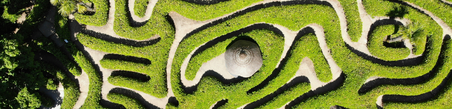 Aerial view of a complex maze situated in a green field, showcasing intricate pathways and surrounding landscape.