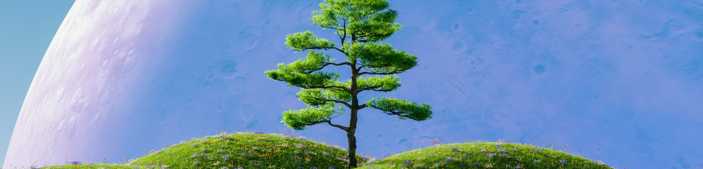 A solitary tree stands atop a grassy hill, silhouetted against a clear blue sky.