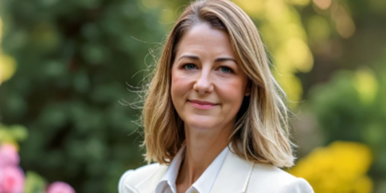 A woman wearing a white blazer over a white shirt, standing confidently with a neutral expression.