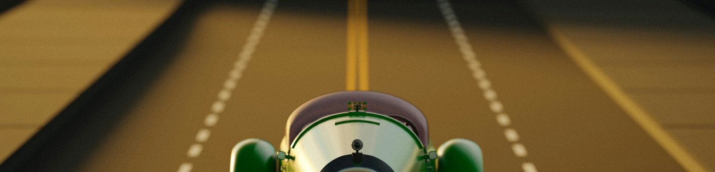 A green car travels down a road, with a tunnel appearing in the distance.