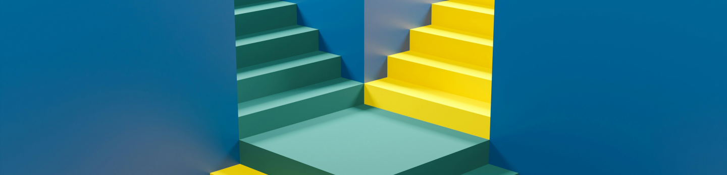 A colorful stairway painted in blue and yellow, with a distinct yellow step highlighted in the design.