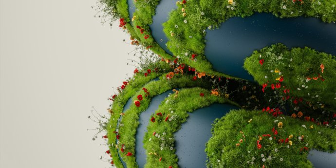 A vibrant green globe featuring blooming flowers and grass, representing a flourishing and healthy planet.