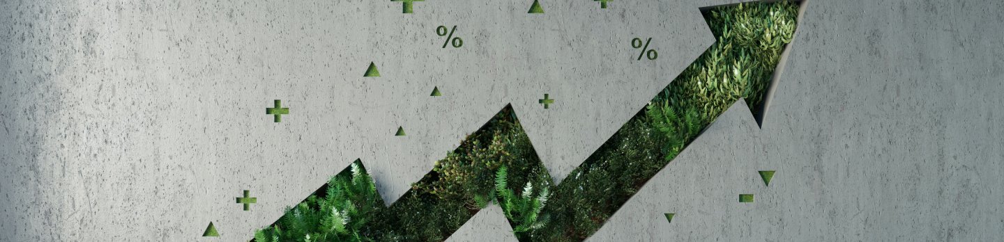 A textured wall features a green zigzag arrow symbolizing growth, with surrounding geometric shapes and percentage signs, suggesting trends.