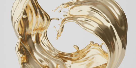  A vibrant splash of gold liquid contrasts sharply with a smooth white background, evoking a sense of movement.