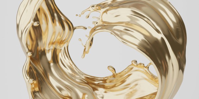  A vibrant splash of gold liquid contrasts sharply with a smooth white background, evoking a sense of movement.