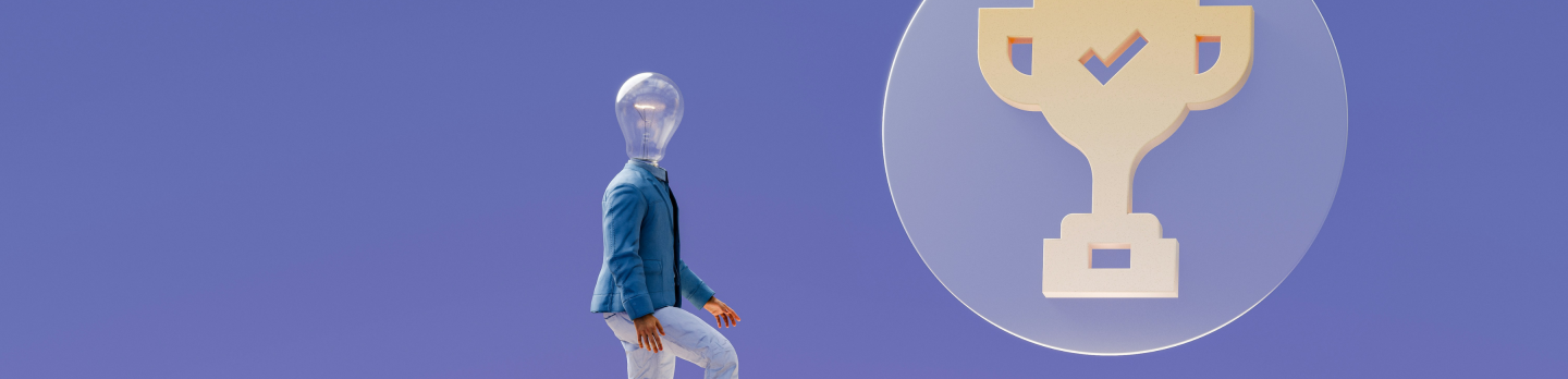 Person with light bulb head in blue suit approaches platform with trophy symbol, set against a purple background. Concept of innovation and achievement.