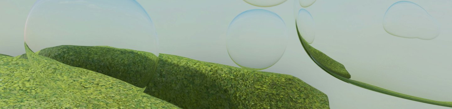 A 3D rendering of a grassy field with colorful bubbles floating gently in the air above the vibrant green grass.