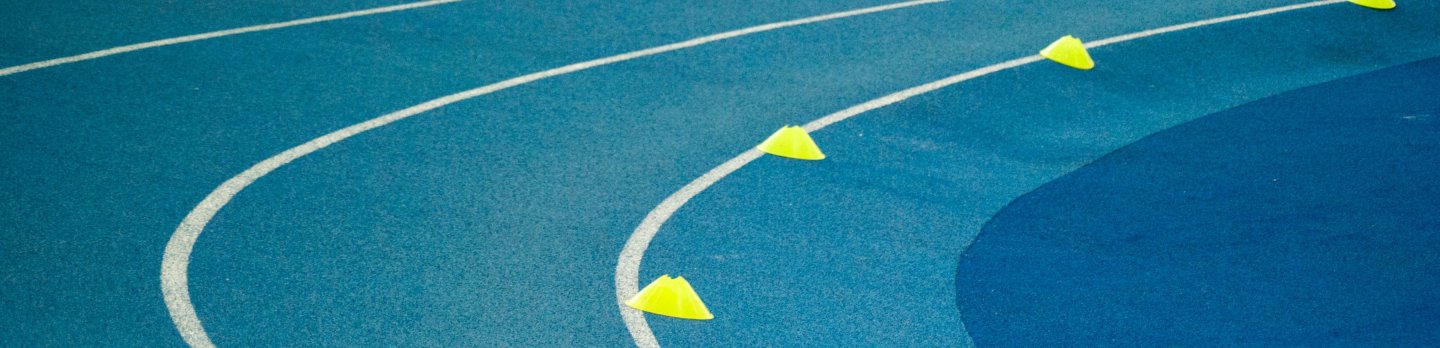 A view of a track lined with yellow cones, marking specific areas for training or competition purposes.
