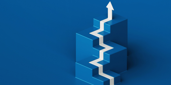 A 3D illustration of a stairway with an upward arrow, symbolizing progress or advancement.