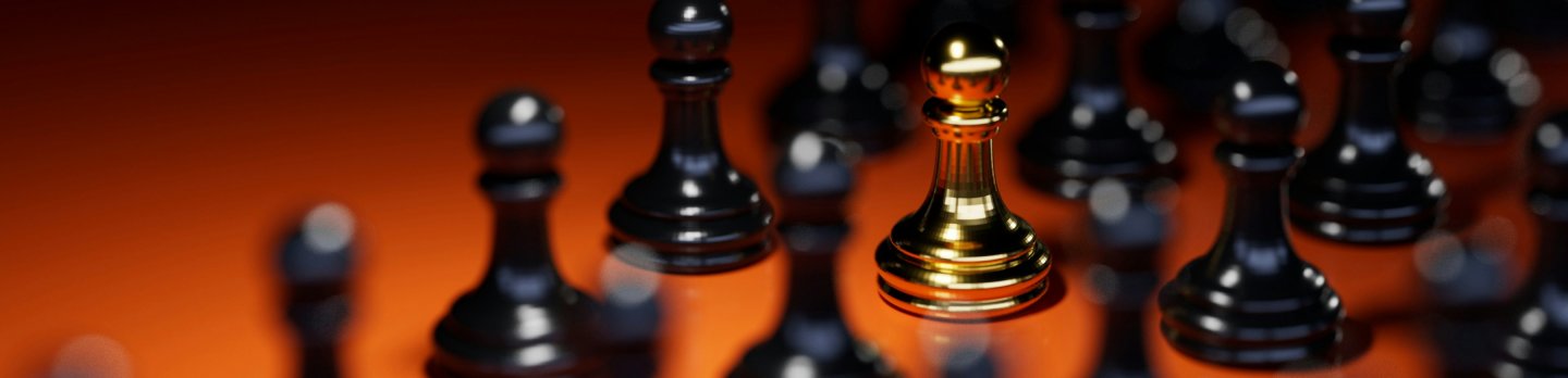 A gold chess piece is highlighted among a group of black pieces, creating a striking visual contrast on the chessboard.