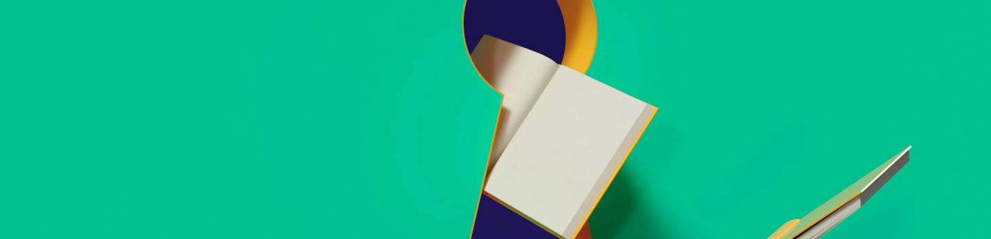 Three yellow paper airplanes and a geometric shape on a bright teal background. The composition feels dynamic and playful, with a sense of movement.