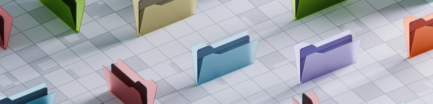 Colorful upright file folders stand in neat rows across a pale tiled floor, casting long shadows in a calm, orderly office-like scene.