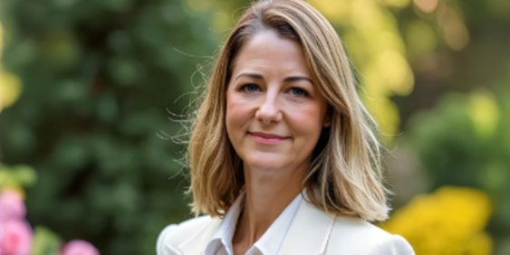 A woman wearing a white blazer over a white shirt, standing confidently with a neutral expression.