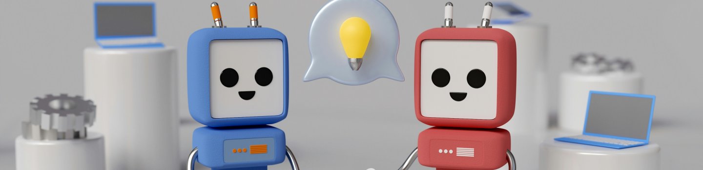 Two cute robot figures, one blue and one red, stand smiling with a light bulb in a speech bubble between them, highlighting a tech and innovation theme.