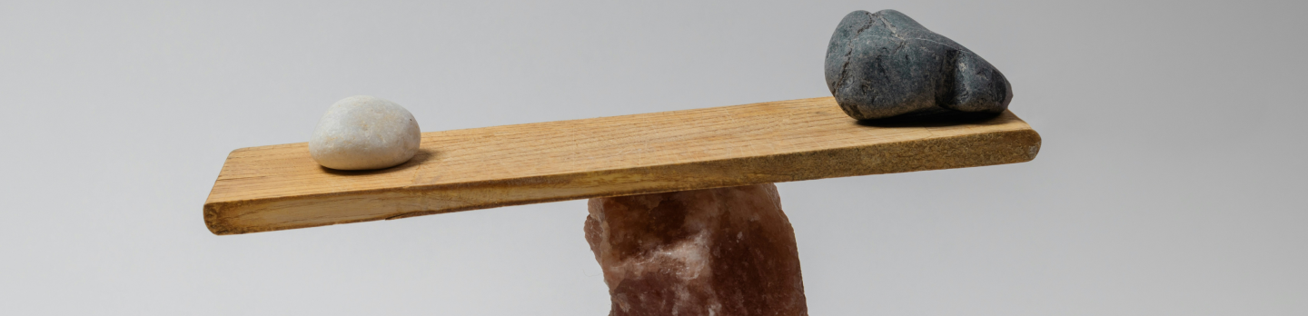 A wooden plank balances on a reddish rock, with a small white stone on one end and a larger dark stone on the other, suggesting balance and contrast.