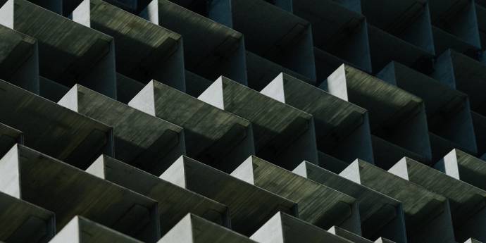 Abstract building with dark geometric shapes