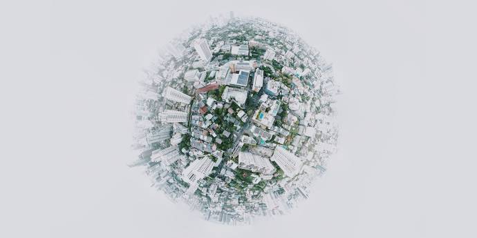 looking down on a residential area through a fish eye lens