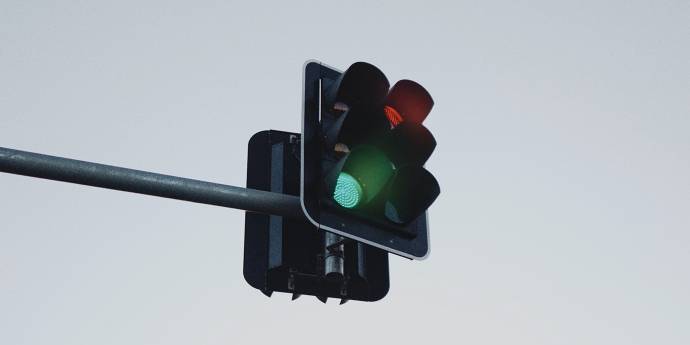 Elevated traffic light with green signal