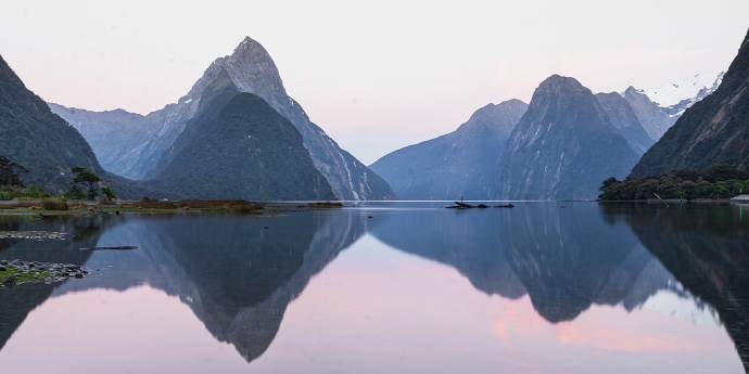 Mountains and fjord in Milford Sound New Zealand 