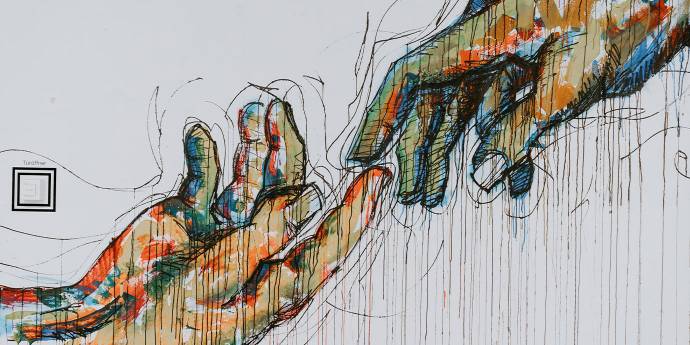 Two colourful hand illustrations reaching out to one another