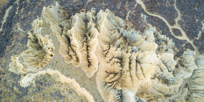 aerial photo of beach and tussocks