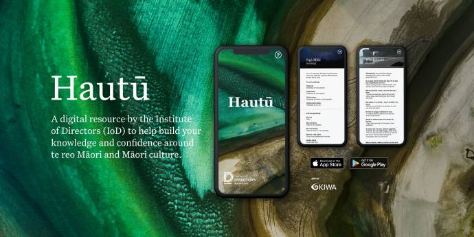picture of a phone with Hautu app on it over a background of green ocean and golden sandy beach