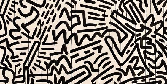 lined black and white graffiti of a dog barking on a wall 