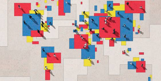 People walking over coloured grid pavement photo from above