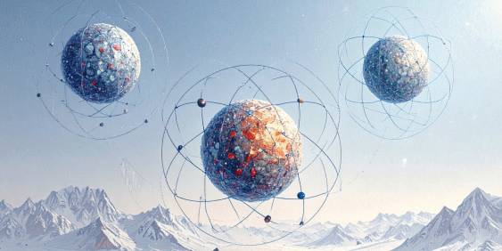 Three colorful spheres of varying shapes float in a blue sky, creating a whimsical and vibrant atmosphere.