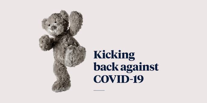 Teddy bear kicking COVID-19 title