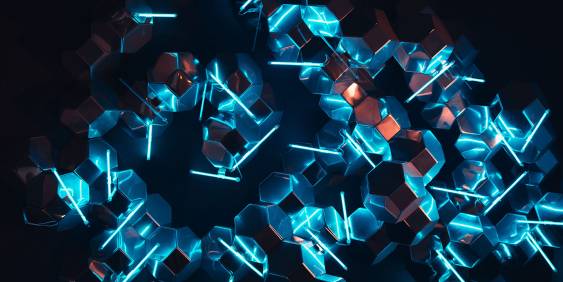 Abstract blue Neon Light with Mirrors and cubical spheres