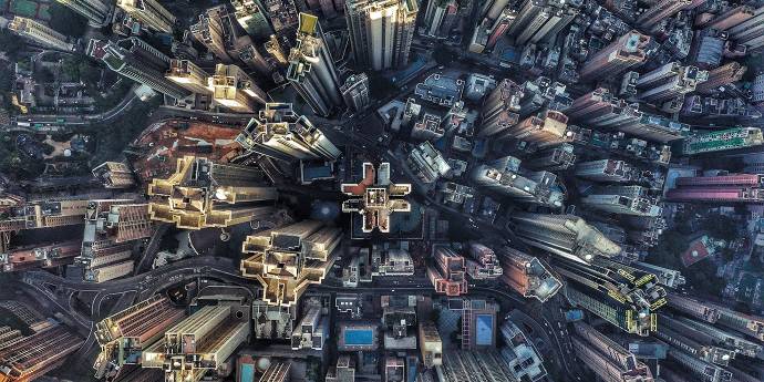 Looking down on skyscrapers from above