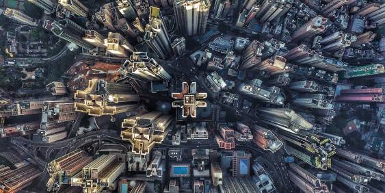 Looking down on skyscrapers from above