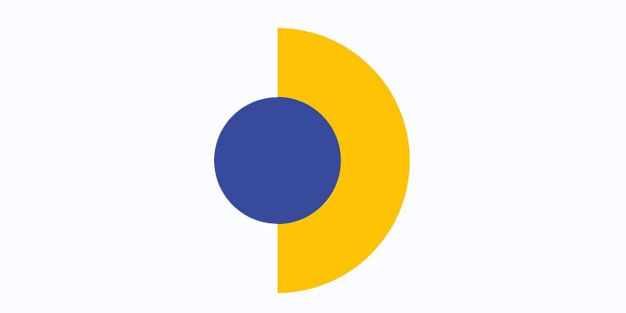 Yellow D with blue centre circle representing I O D and A S B