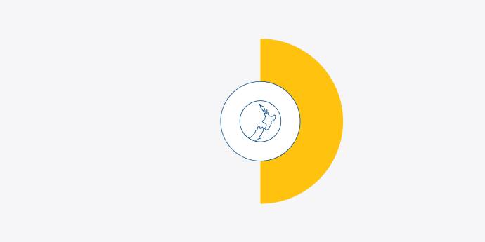 outline map of New Zealand with a yellow half circle around it