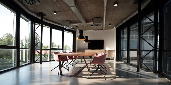 Boardroom in a modern room with large windows 