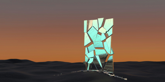 A broken rectangular upright mirror with neon blue light reflecting, infront of desert landscape with the light fading