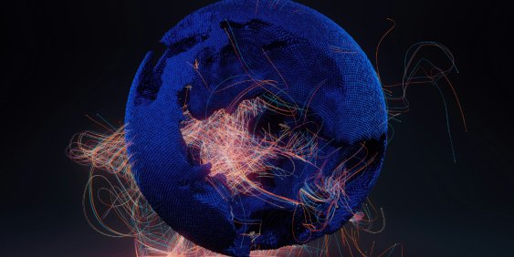 A blue sphere featuring a vibrant red and orange swirl pattern across its surface.